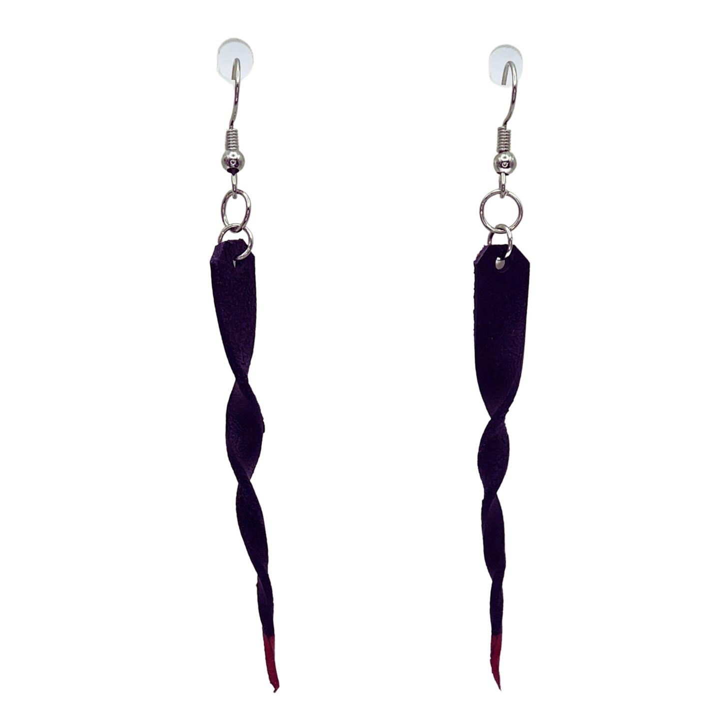Black Leather Spiral Earrings with Red Tips